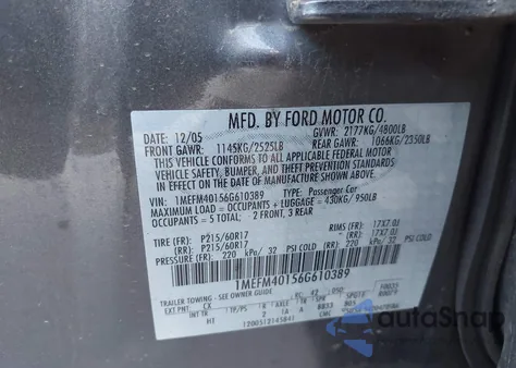 2006 Mercury Montego Luxury from USA, damaged, VIN 1MEFM40156G610389